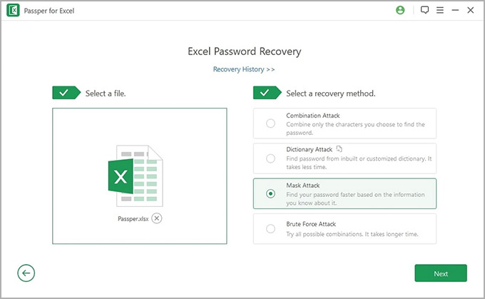select attack type to find password of Excel file