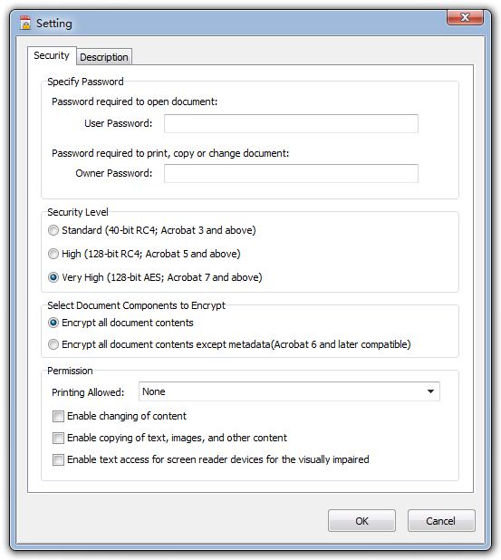 encryption setting to protect a PDF file